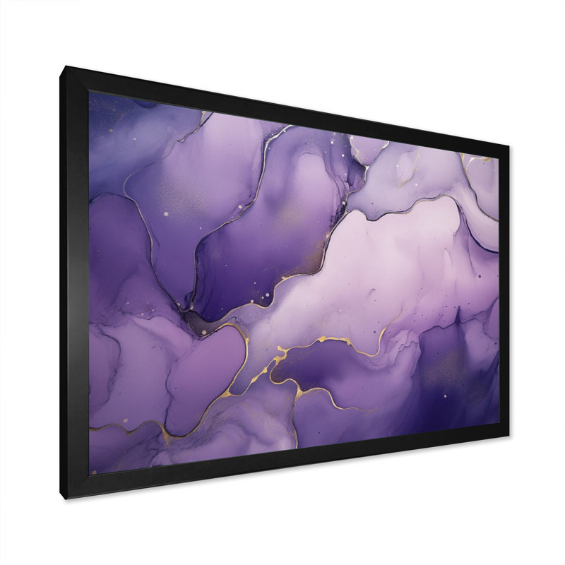 Mauve et or marbré encre de nuages - art mural fractales, Cadre simple noir, H 30 po x l 40 po x P 1,5 po