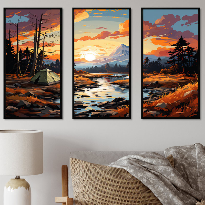 «Camping by the River», ensemble d'art mural sur toile, Cadre flottant noir, H 32 po x l 48 po