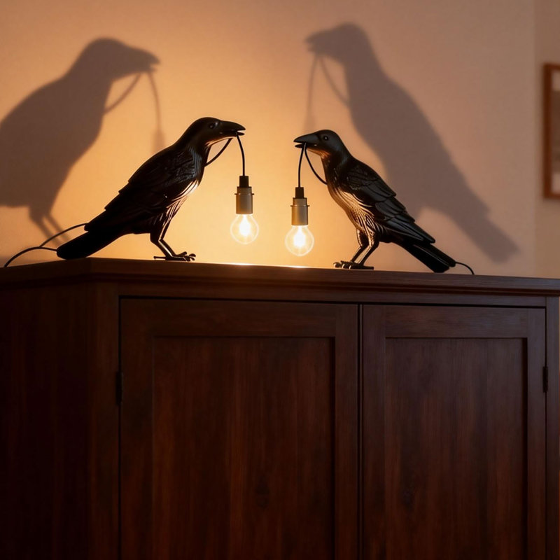 Resin Crow Table Lamp Lights Birds Desk Lamp with Bulb for Bedroom Living Room, Black