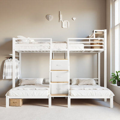 Lit superposé simple simple au-dessus de simple au-dessus de simple, 3 lits superposés en métal robuste, lit superposé triple avec tiroirs d'escalier de rangement et douille amovible, lit superposé triple pour enfants et adolescents.