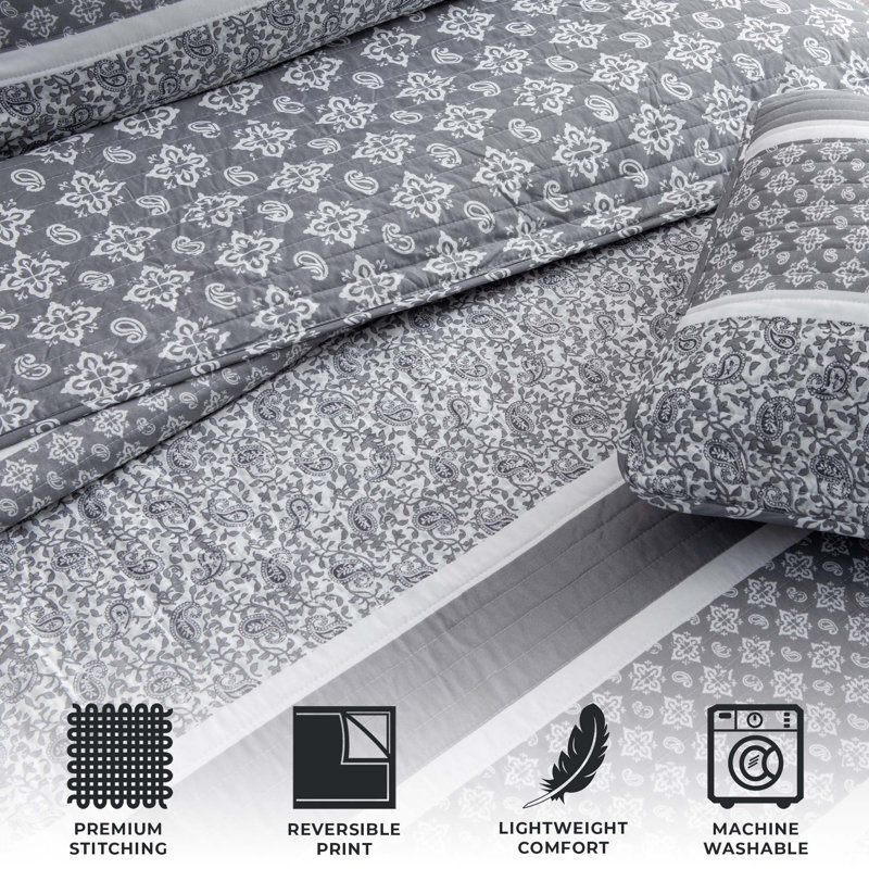 Kadi Twin Gray Microfiber Reversible Quilt Set
