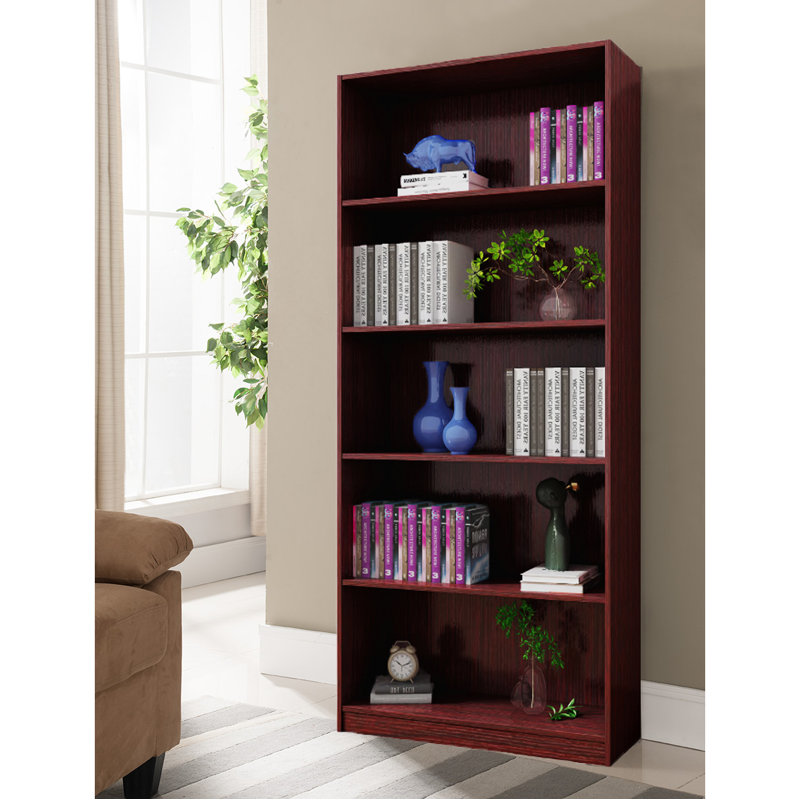 Five-Shelf Wooden Bookcase Display Cabinet With Elegant Bottom Front Moulding,Classic Mahogany Finish For Living Rooms, Offices And Libraries