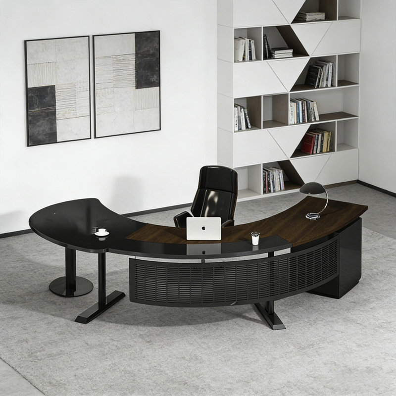Bureau brun minimaliste irrégulier avec plateau incurvé, rangement multifonctionnel et structure stable, brun