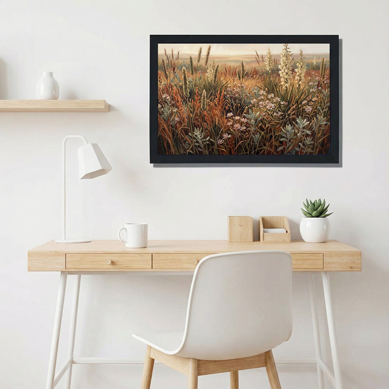 Art mural sur toile fleurs blanches et herbes hautes dans des tons terreux, H 12 po x l 18 po
