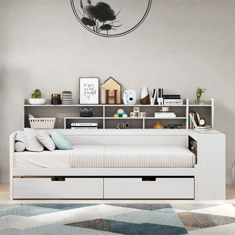 Lit multifonctionnel avec deux tiroirs de rangement et un bureau d'étude, Lit simple, Blanc antique