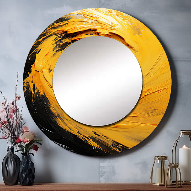 «Yellow Whirling Winds II - Storms», miroir mural rond jaune, impression sur métal, 23 po x 23 po