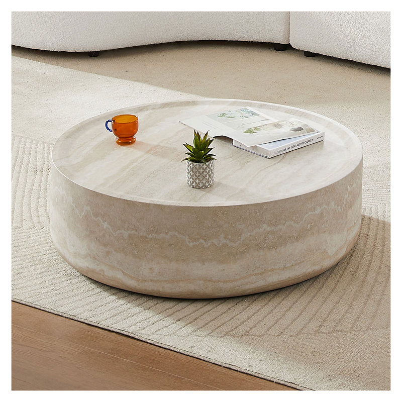 35.43'' Round Faux Travertine Coffee Table - No Assembly Required Fiberglass Living Room Coffee Table with Marble Pattern