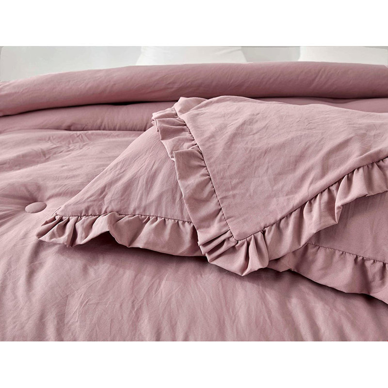 Nora Washed Microfiber Ruffled Comforter Set, White, Queen Comforter + 2 Standard Shams