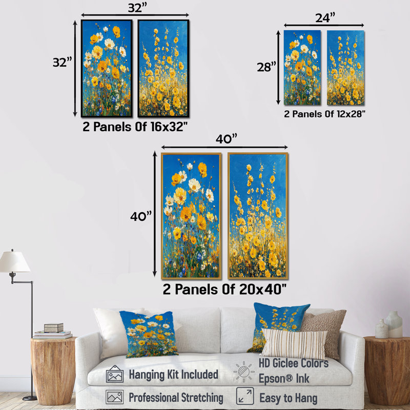 «Yellow Daylight Joy Wildflowers I» - Collection d'art mural floral 2 panneaux, H 40 po x l 41 po, Cadre flottant blanc