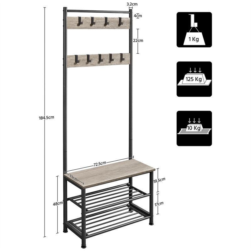 Luisella Iron Freestanding 9 - Hook Coat Rack, Black Grey