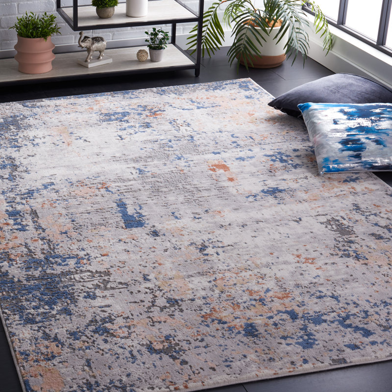 Tapis abstrait gris / bleu en polypropylène / polyester tissé à la machine, Rectangle 4 pi x 6 pi