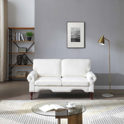 Canapé moderne en lin de 66 pouces avec pieds en bois et bouton en cristal et clou en cuivre, dossier capitonné, parfait pour le salon, la chambre à coucher ou le bureau
