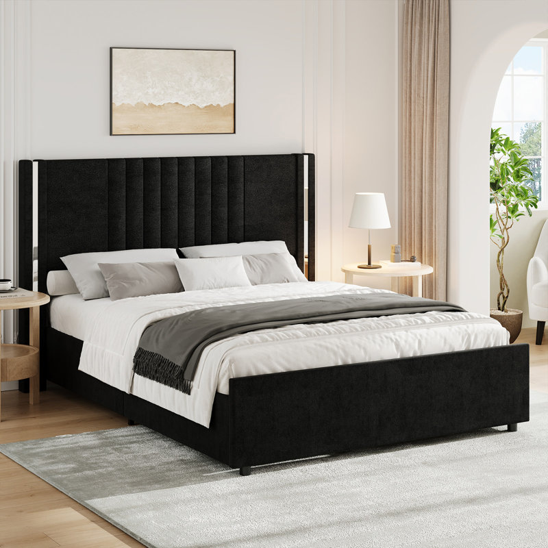 Lit plateforme tapissier Velvet, Noir, Grand lit