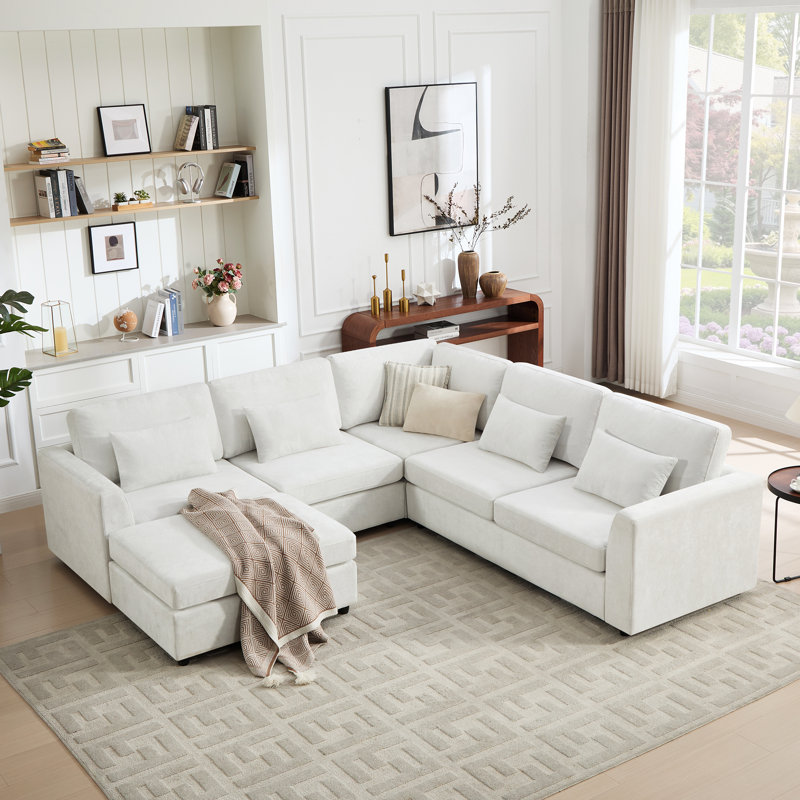 6-Piece Upholstered Sectional Sofa Modern Corner Couch With Ottoman, White Polyester Blend