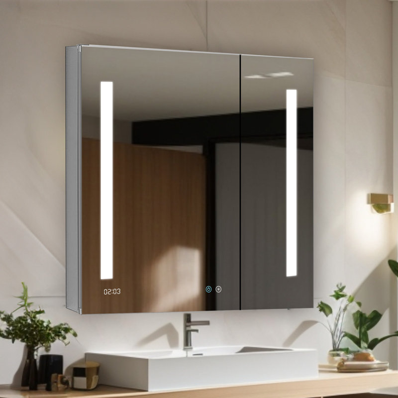 Donnelly l 30 po x H 30 po x P 5 po, désembueur d'armoire à pharmacie à DEL, miroir grossissant réglable verticalement éclairé par 3 lumières DEL, horloge numérique, prises de courant
