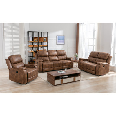 Ilkeston 3-Piece Vegan Leather Manual Reclining Living Room Set with Hidden Cupholder