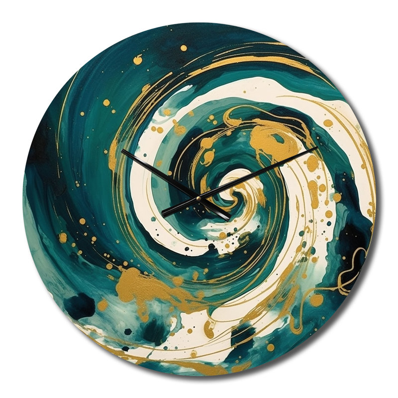 Horloge murale en métal bleu foncé et spirale dorée II, Petit