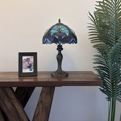 Nioclas Tiffany Table Lamp Green Blue Stained Glass Included LED Bulb Liaison Lamp 19"H*12"W*12"D