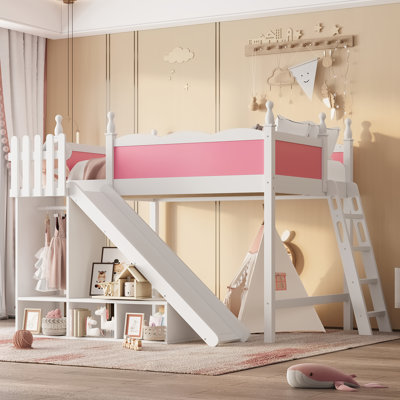 Lit mezzanine double avec tablettes de rangement et garde-robe, lits mezzanine en bois massif avec glissières et échelles amovibles, sans sommier, rose et blanc