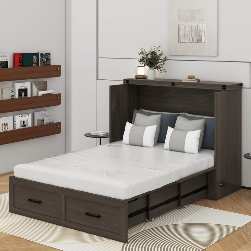 Lit escamotable double avec station de charge, Gris rustique