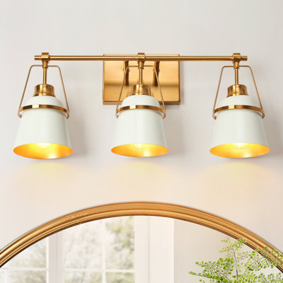 3-Light Bath Vanity Light Dimmable with White Brass Metal Shade