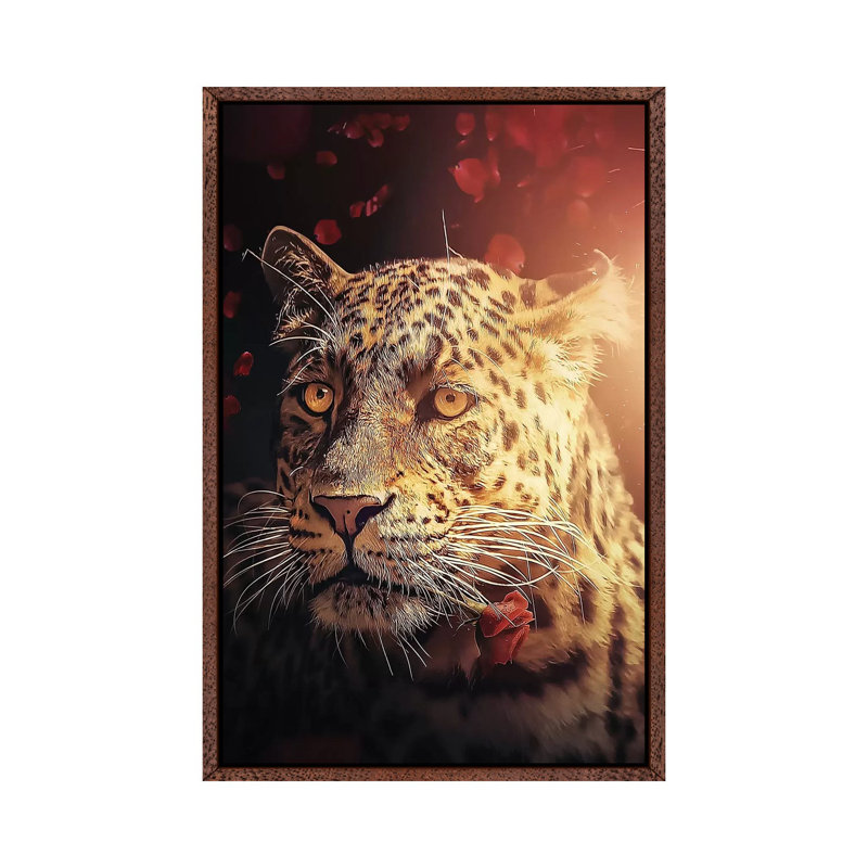 The Leopard With The Rose by Zenja Gammer - Print on Canvas, 66.04 cm H x 45.72 cm W, Classic Brown Wood Framed