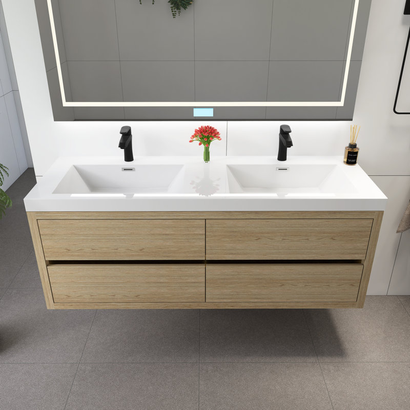 Meuble-lavabo mural 60 po avec lavabo, Bois de chêne naturel