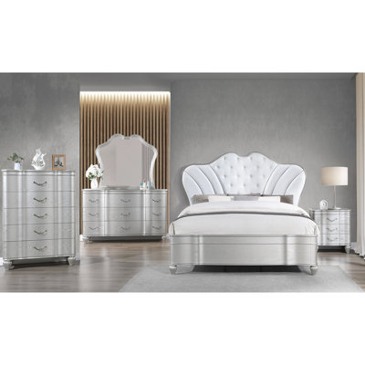 Luxurious Queen Bed Frame In Silver With Upholstery Soft Velvet Upholstered Curved Detailing
