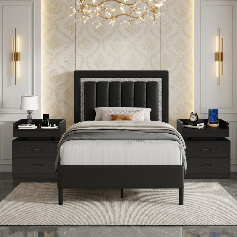 Ensemble de lit plateforme tapissier Diamond, Simple, Noir