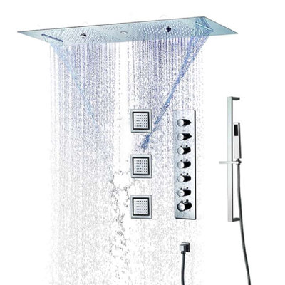 Système de douche thermostatique à panneau tactile à DEL en chrome avec jets de pluie et douche à main