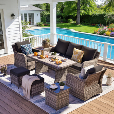 Meissalivve 7 Pieces Patio Furniture Set With Swivel Chairs, Wicker Patio Conversation Set, Outdoor Patio Set With 2 Swivel Rocking Chair & Sofa, 2 Ottomans And Dining Table (Black)