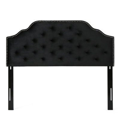 Contemporary Queen & Full Sized Headboard - Black Velvet With Button Diamond Stitch And Appealing Nailhead Border, Assembly Needed Modern Gorgeous Details, Required