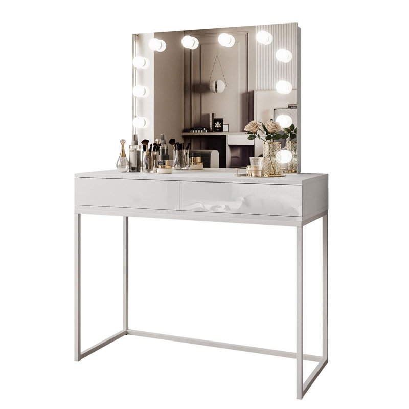 Anashima Dressing Table with Mirror, White/High-gloss white
