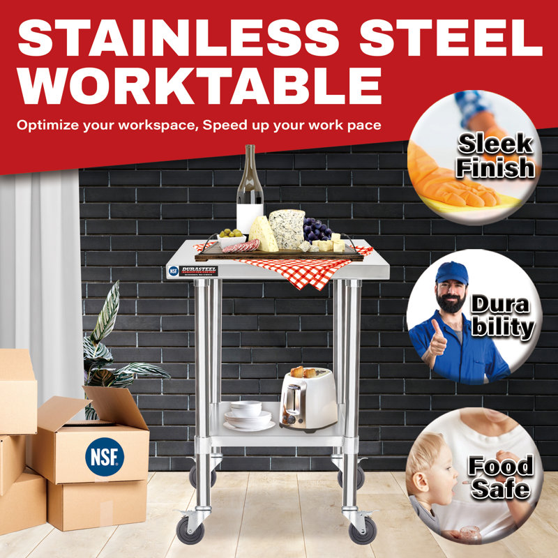 24x18 Inch Stainless Steel Movable Prep Table with Undershelf