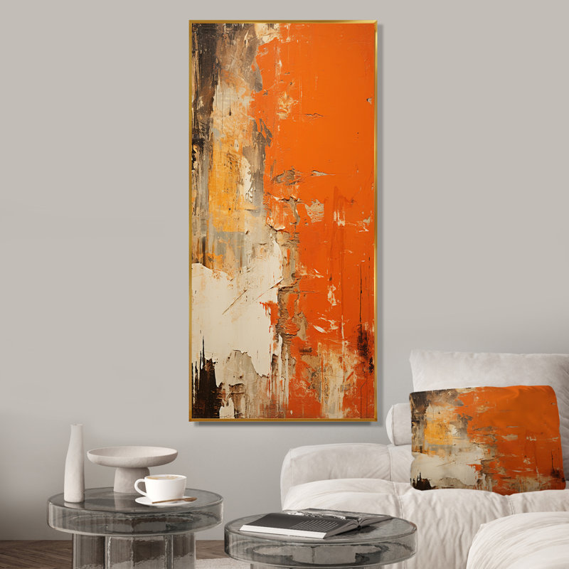Orange abstrait, art chaos de feu II - art mural abstrait, H 60 po x l 28 po x P 1,5 po, Cadre flottant doré
