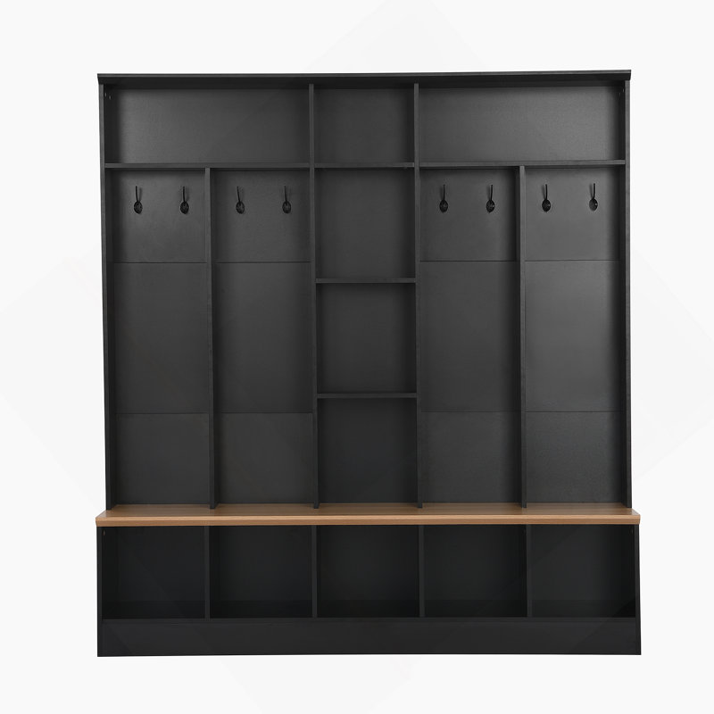 Arbre d'entrée large avec banc de rangement, armoire à chaussures minimaliste avec rangement cubique et tablettes, portemanteau multifonctionnel avec 8 crochets pour les entrées, vestibule, noir (ANCIEN SKU: N721S000021B)