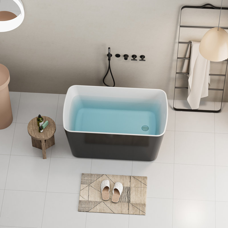 49" Acrylic Freestanding Bath Tub, Square Japanese Soaking Hot Tub With Overflow And Drain, Black Glossy Interior Finish