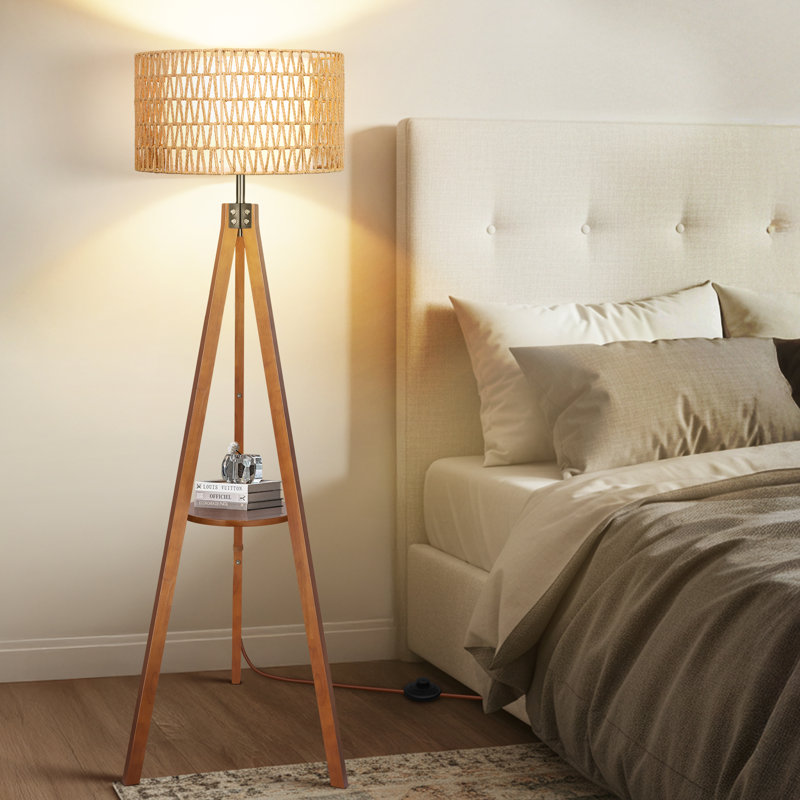 Lampe trépied à double abat-jour à intensité variable en osier avec tablettes et télécommande, Brun