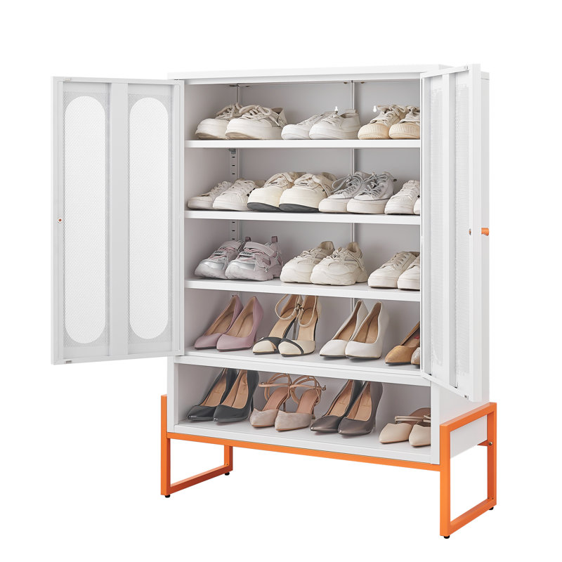 Armoire à chaussures autoportante moderne à deux portes en métal avec structure à double épreuve de 15 cm et porte à ouverture minimaliste, 3 4 tablettes, circulation d'air