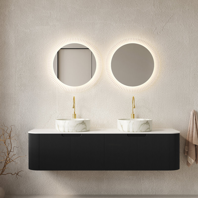 Meuble-lavabo moderne et spacieux avec rangement, lavabos en céramique, conception noire élégante pour la salle de bain