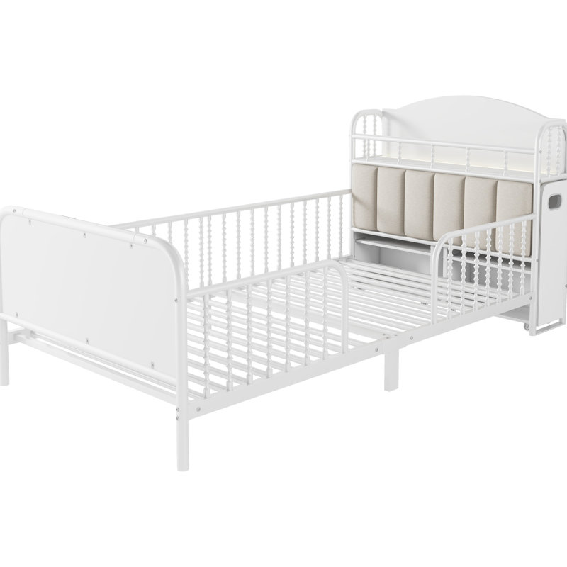 Lit simple en métal avec lumières à DEL réglables, garde-corps et tablettes coulissantes, blanc pour le décor de la chambre, rangement intégré, installation idéale