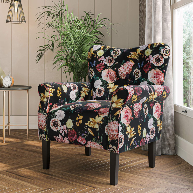   Modern Accent Chair 30.3" Wide High Back Polyester Upholstered Armchair, Black Flower Polyester