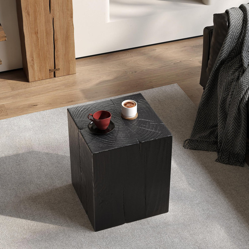 Wood-Look Square-Column MGO End Table, H18",Wood-Like Distressed Finish, Mix With Different Heights, Indoor Outdoor Use,Black Color