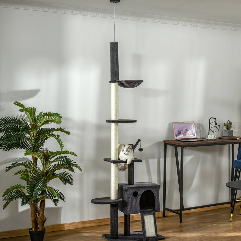 Chalet pour chat 106 po: Comprend un poteau à griffer, une planche, pour les chats jusqu'à 10 lb, un meuble gris foncé: centre d'activité avec poteau et petits chats, gris