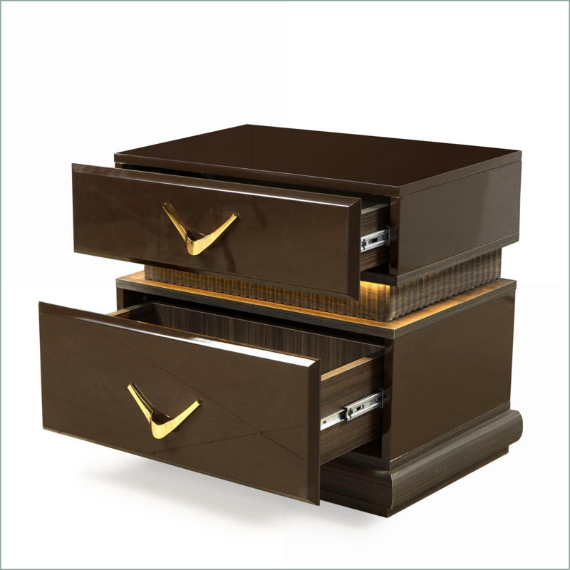 Table de chevet moderne à 2 tiroirs en bois brun avec lumières DEL