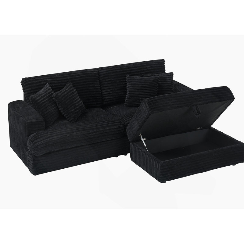 Canapé en velours côtelé, pieds de rangement et 4 coussins décoratifs, Noir