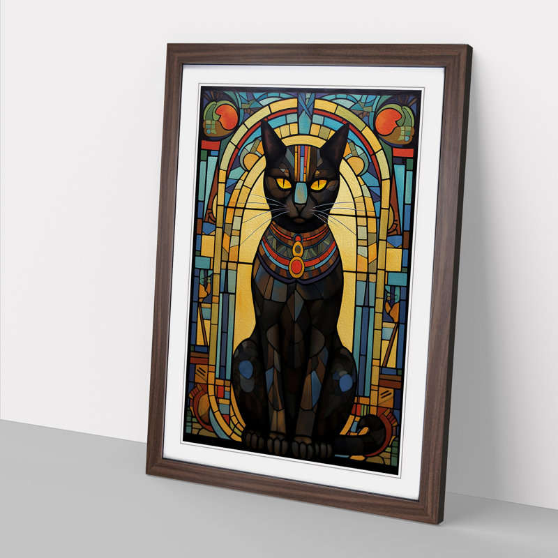 XYZ-FRM-V1223-599 Egyptian Cat Nouveau No.2 - Single Picture Frame Print on Wood, 34cm H x 25cm W x 2cm D, Walnut