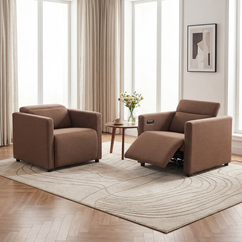 Fauteuil inclinable électrique moderne avec accoudoirs carrés (ensemble de 2), Polyester brun foncé