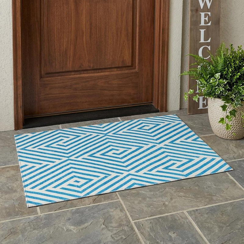 3' X 5' Teal and White Geometric Washable Non Skid Indoor Outdoor Area Rug