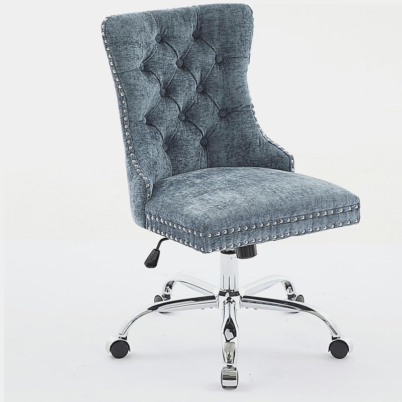 Modern Chenille Upholstered Tufted Button Home Office Chair, Adjustable Desk Chair Swivel Office Chair, Light Blue